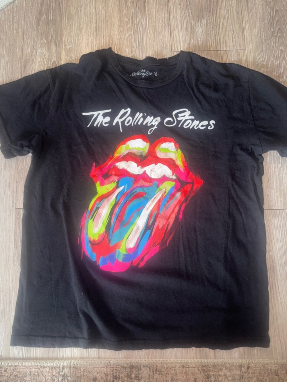 The Rolling Stones Black Tee with Neon Rainbow Tongue